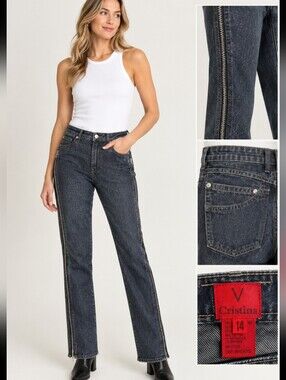 V Cristina Dark Wash Silver  Studded Leg Mid Rise Denim Straight Leg Jeans Sz 14
